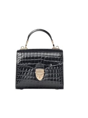 Aspinal of London Black Patent Croc Embossed Mini Mayfair Bag