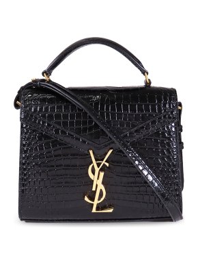 Saint Laurent Black Mini Croc Embossed Cassandra Top Handle