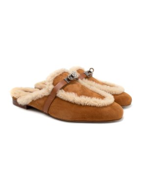 Hermes Naturel Suede Shearling-Trim Oz Mules