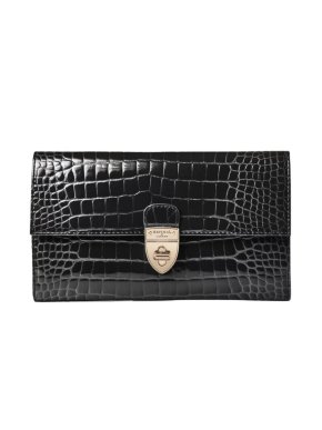 Aspinal of London Black Patent Croc Mayfair Clutch Purse