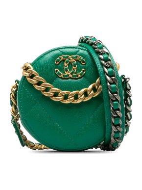 Chanel Green 19 Round Lambskin Clutch With Chain