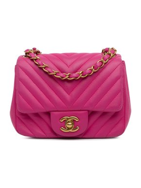 Chanel Pink Leather Mini Square Classic Lambskin Chevron Flap