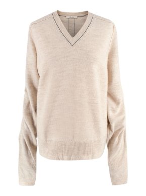 Celine Beige Ruched Sleeve V-Neck Wool Jumper