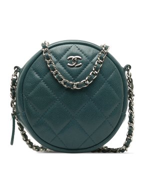 Chanel Green Caviar Leather Round Clutch With Chain