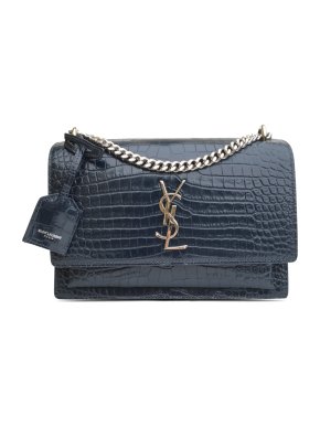 Saint Laurent Navy Medium Croc Embossed Monogram Sunset Bag