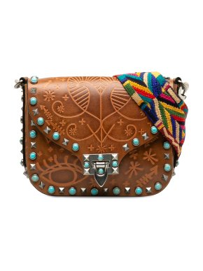 Valentino Brown Embossed Rockstud Guitar Crossbody Bag