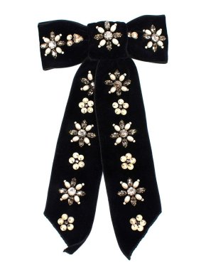 Jennifer Behr Black Crystal Embellished Velvet Bow Hair Clip