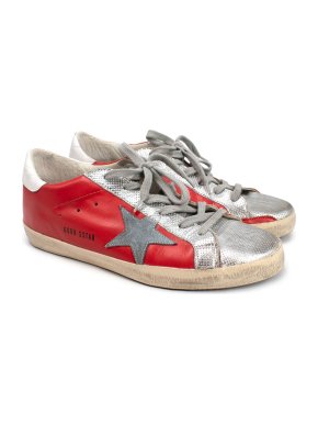 Golden Goose Red Super Star Metallic Distressed Leather Sneakers