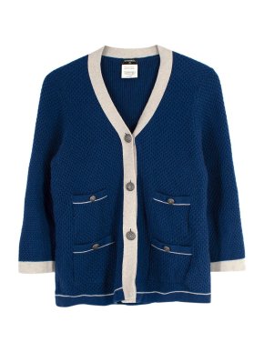 Chanel Navy Textured Bracelet Sleeve Cashmere Cardigan
