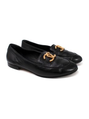 Chanel Black Interlocking CC Detail Leather Loafers