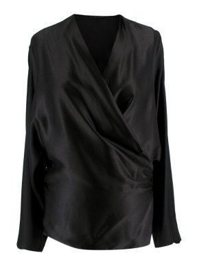 The Row Haki Black Silk Satin Wrap Top