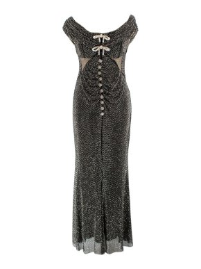 Self Portrait Black Rhinestone Off the Shoulder Midi Dress