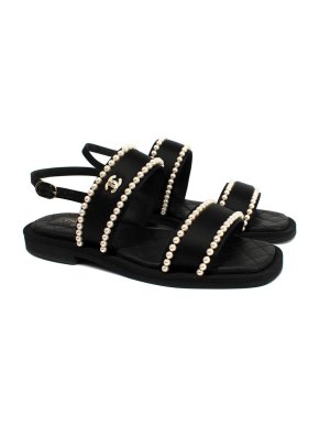Chanel Black Satin Faux Pearl Embellished Gladiator Sandals