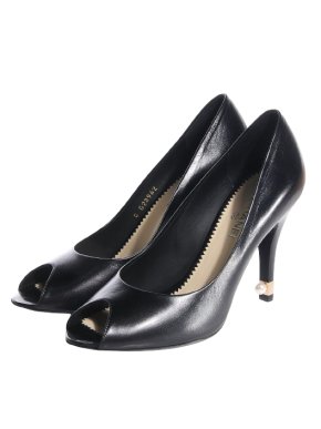 Chanel Black Leather Peep Toe Heels with Pearl Detailing