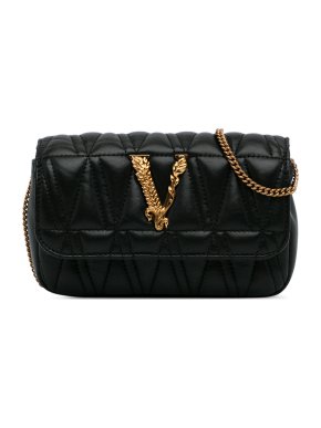 Versace Black Virtus V Quilted Leather Crossbody Bag