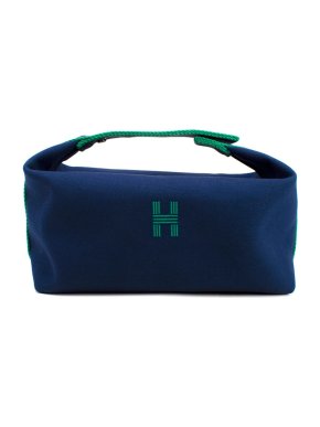 Hermes Navy Canvas Large Bride-A-Brac Pouch with Green Trim