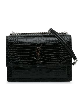 Saint Laurent Black Medium Croc Embossed Sunset Crossbody Bag