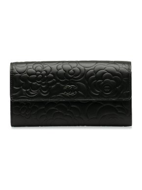 Chanel Black Camellia Embossed CC Flap Wallet
