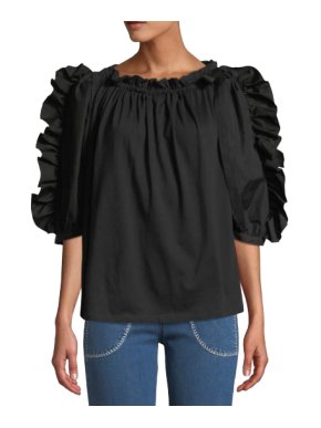 See By Chloé Frilled Poplin Boat-Neck 3/4-Sleeve Blouse