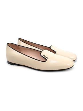 Prada Ivory Saffiano Leather Loafers with Black Trim Detail
