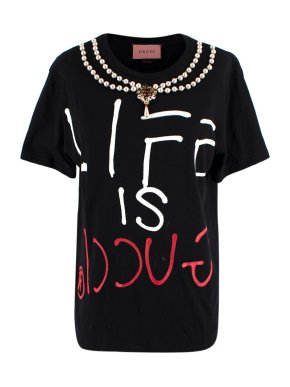 Gucci Black Pearl Embellished  Life is Gucci T-Shirt