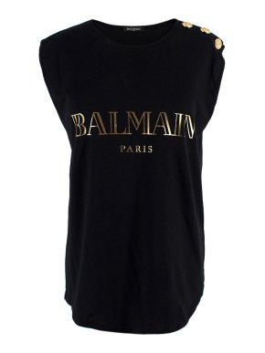 Balmain Black & Gold Logo Print Vest Top