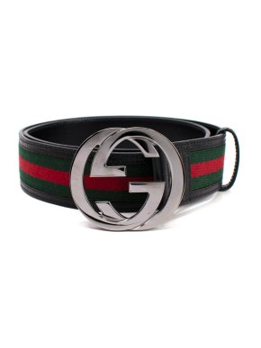 Gucci Green and Red Web-stripe Canvas  Leather GG Belt - size 80