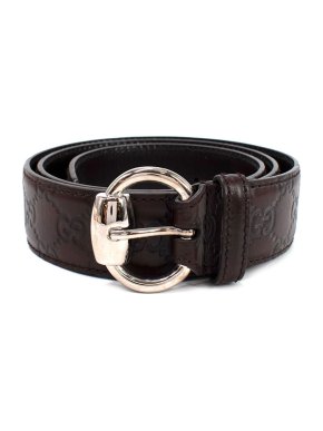 Gucci Brown Embossed Monogram Leather Belt Size 90