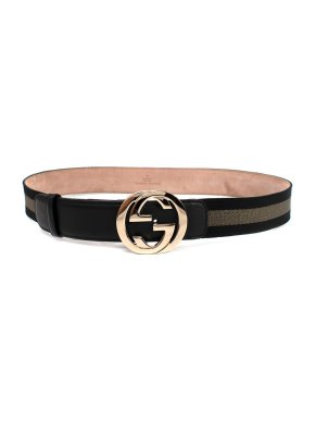 Gucci Black and Gold Grosgrain and Leather GG Buckle Belt Size 90