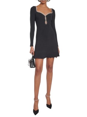 Self Portrait Black Knit Crystal Trimmed Mini Dress