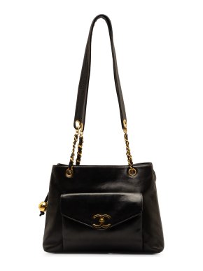 Chanel Black Leather  Lambskin CC Front Pocket Tote Bag
