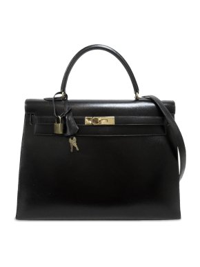 Hermes Vintage Black Leather 1990 Box Calf Kelly Sellier 35