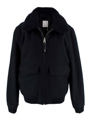 Sandro Navy Aviator Jacket with Shearling Collar