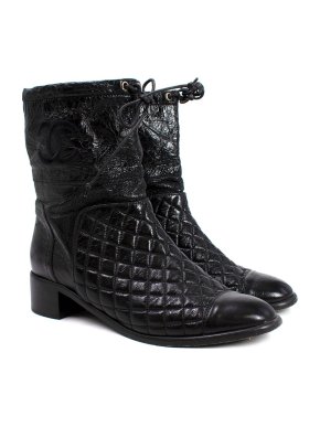 Chanel Black Aged Quilted Leather Boots