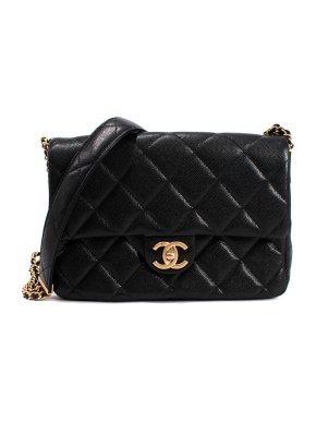 Chanel Black Caviar Quilted Leather Gold Three Chain Shoulder Bag