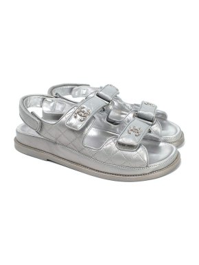 Chanel Silver Quilted Leather Dad Sandals