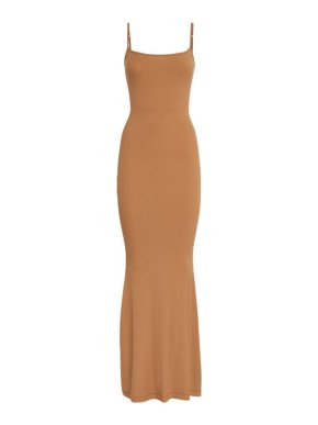 Skims Soft Lounge Ribbed Long Slip Dress in Camel