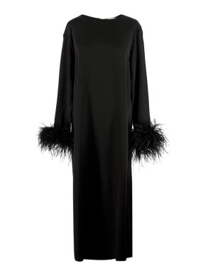Sleeper Black Satin Suzi Feather Cuffs Maxi Dress