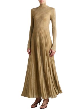 Khaite Gold Jupiter Round Neck Pleated Dress