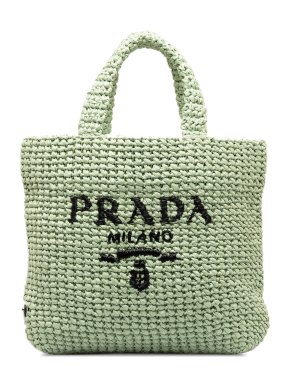Prada Green Raffia Logo Small Tote Bag