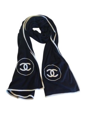 Chanel Black Cashmere Blend Embroidered Scarf