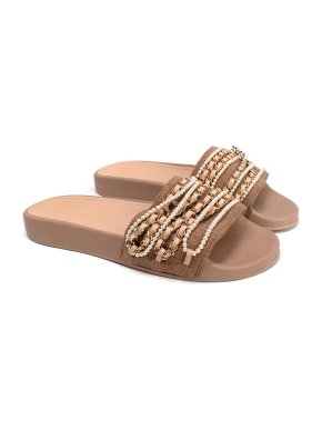 Chanel Nude Pearl and Chain Embellished Felt Slides