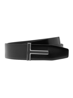 Tom Ford Silver Leather Enamel T Ridge Belt