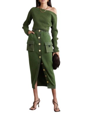 Balmain Green Ribbed Cargo Pocket Skirt