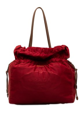 Prada Red Logo Tessuto Drawstring Tote Bag