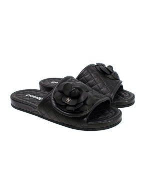 Chanel Black Quilted Leather Camellia Slides