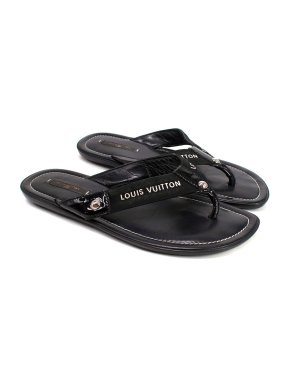 Louis Vuitton Black Leather Logo Flip Flops