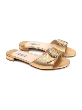 Prada Gold Grained Leather Crystal Buckle Slides