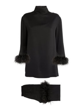 Sleeper Black Feather-Trim Tie Pyjama Set