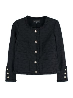 Chanel Black Monogram Embossed Textured Blazer with Gold Button Detail